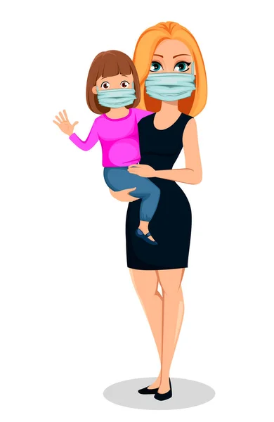 医療マスクの娘と母 ウイルス対策 Covid Coronavirus 2019 Ncov 白い背景のベクトルイラスト — ストックベクタ