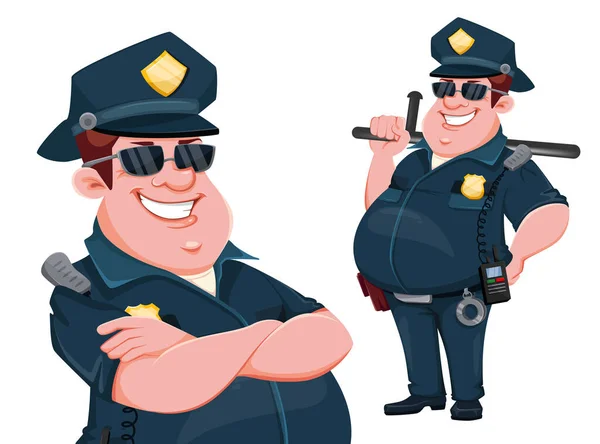 Oficerze Policji Zestaw Dwóch Pozycji Wesoła Postać Kreskówki Ilustracja Wektora — Wektor stockowy