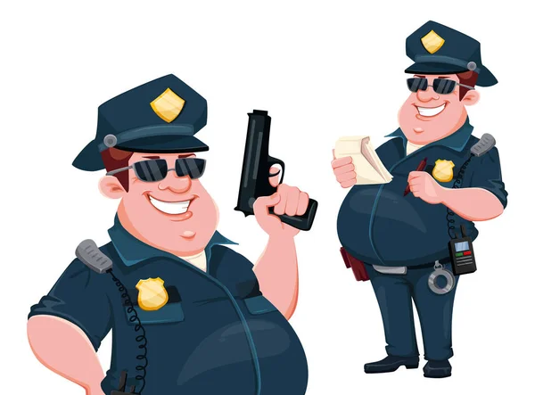 Oficerze Policji Zestaw Dwóch Pozycji Wesoły Kreskówkowy Policjant Bronią Notatnikiem — Wektor stockowy