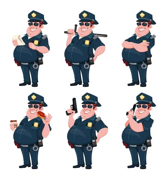 Rendőrtiszt Hat Pózban Vidám Rajzfilmfigura Rendőr Vektor Illusztráció Fehér Háttér — Stock Vector