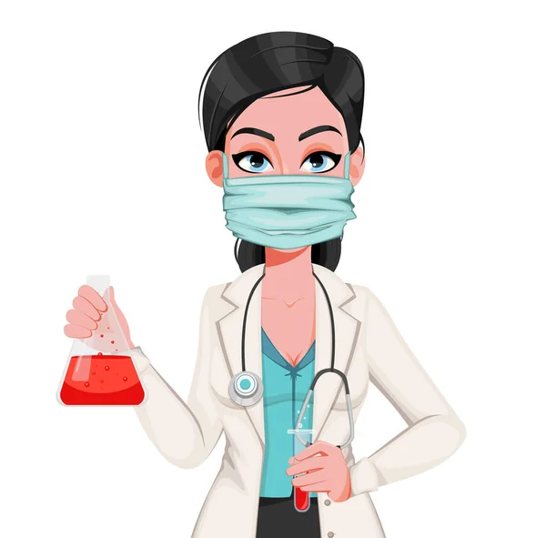 호흡기 마스크를 간호사는 코로나 바이러스 검사를 시험관을 배경에 — 스톡 벡터
