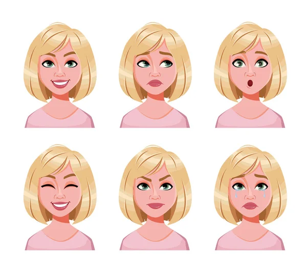 Výrazy Obličeje Roztomilé Blondýny Různé Ženské Emoce Krásná Kreslená Postavička — Stockový vektor