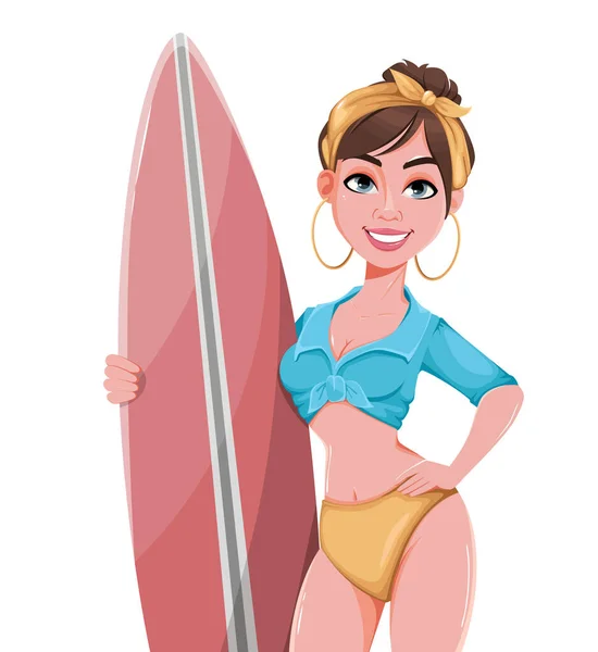 Menina Bonita Nova Com Uma Prancha Surf Personagem Desenho Animado —  Vetores de Stock