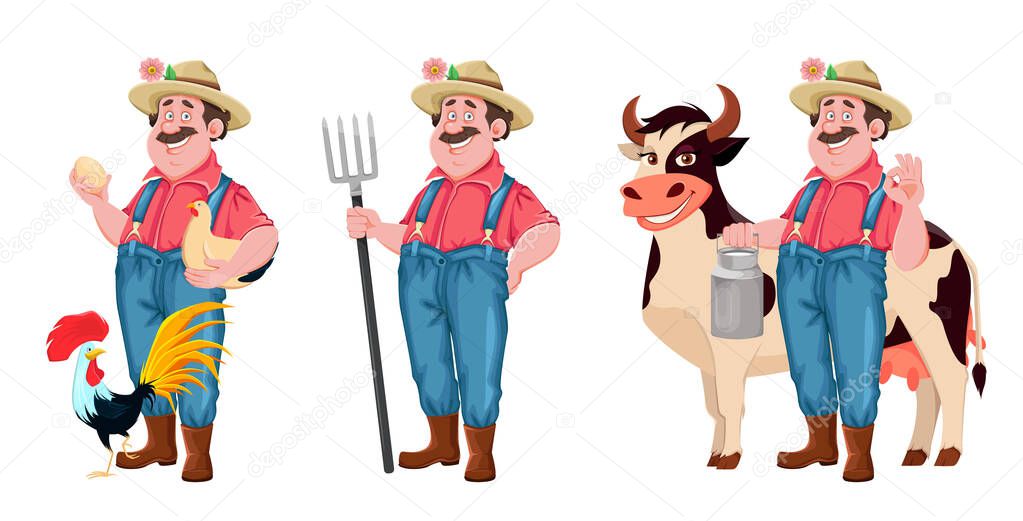 Farmer cartoon character, set of three poses. Cheerful farmer with chicken, with pitchfork and with cow. Stock vector isolated on white