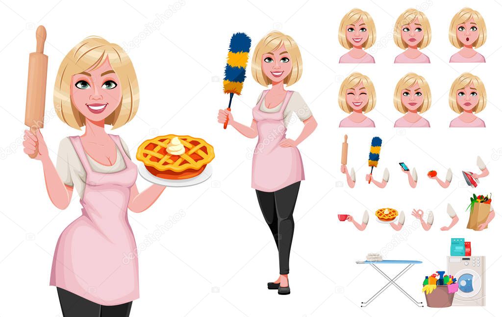 Housewife concept, young pretty stylish woman, pack of body parts, emotions and things. Beautiful lady cartoon character. Build your own design. Stock vector
