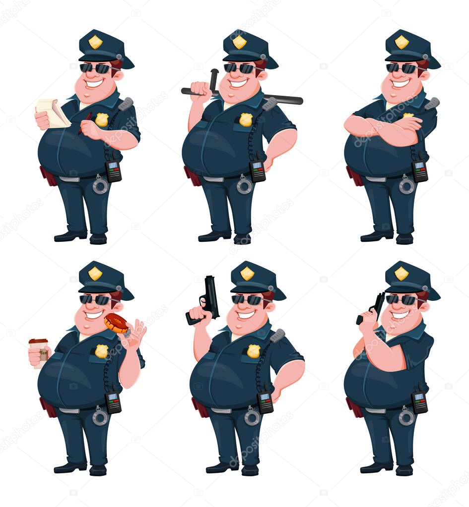 Police officer, set of six poses. Cheerful cartoon character policeman. Vector illustration on white background