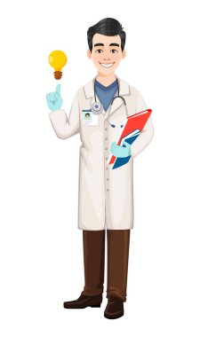 Coronavirüs salgını sırasında hastanede çalışan doktor Covid-19. Tıp doktoru çizgi film karakterinin iyi bir fikri var. Vektör illüstrasyonu