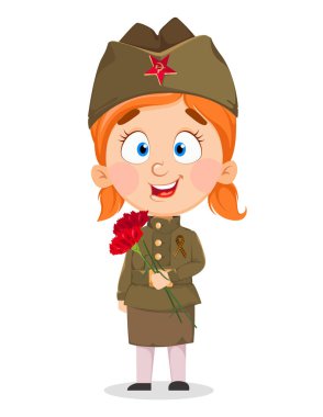 9 Mayıs. Çiçek tutan tatlı kız. Mutlu Zafer Günleri. Rus tatili. Beyaz arkaplanda vektör illüstrasyonu