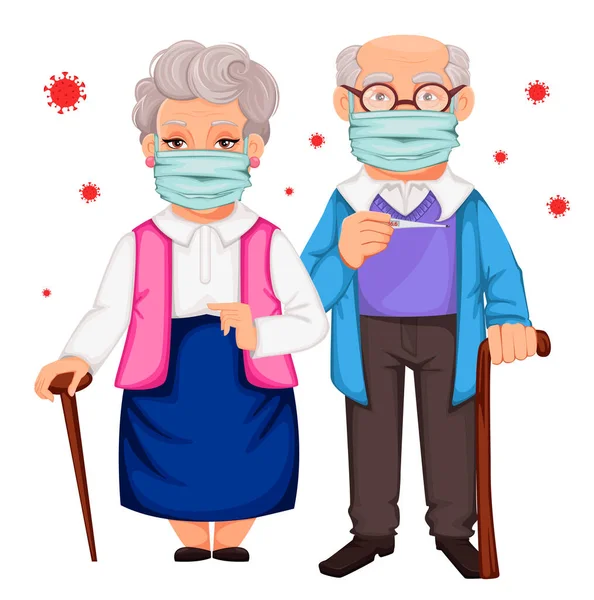 Elderly Man Woman Wearing Protective Mask Prevent Infections Respiratory Diseases — Stock Vector