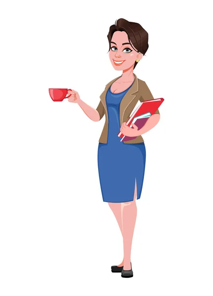 コーヒーを持っている陽気な若い実業家の女性 かわいい実業家の漫画のキャラクター 白を基調としたベクトルイラスト — ストックベクタ