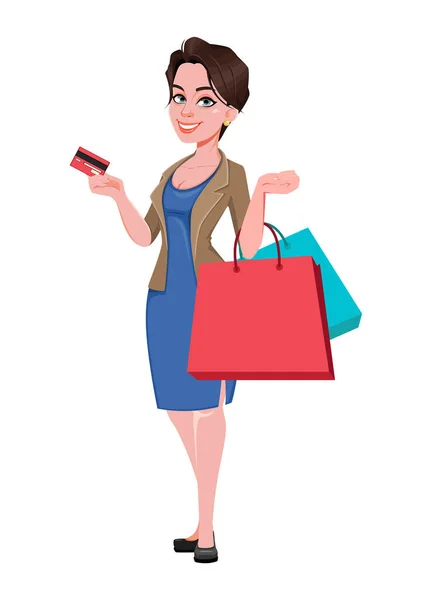 Cheerful Young Business Woman Holding Credit Card Shopping Bags Cute — Stock Vector