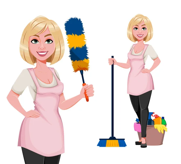 Housewife Concept Young Pretty Stylish Woman Preparing Cleaning Set Two — Stock Vector