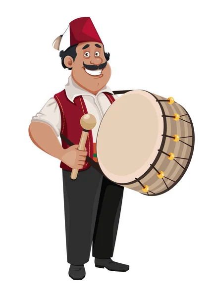 Baterista Ramadán Alegre Personaje Dibujos Animados Con Tambor Ilustración Vectorial — Vector de stock