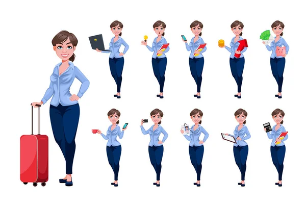 Jovem Bela Mulher Negócios Personagem Desenho Animado Conjunto Onze Poses — Vetor de Stock