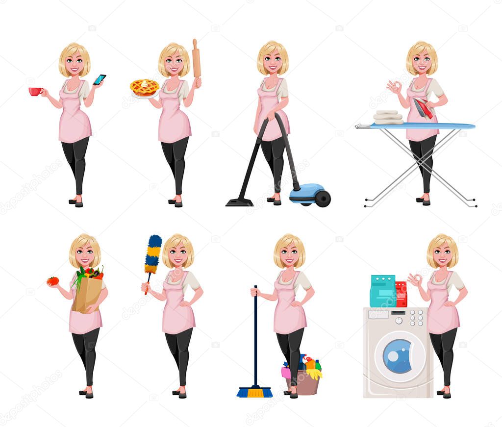 Housewife concept, young pretty stylish woman, set of eight poses. Beautiful lady cartoon character. Stock vector