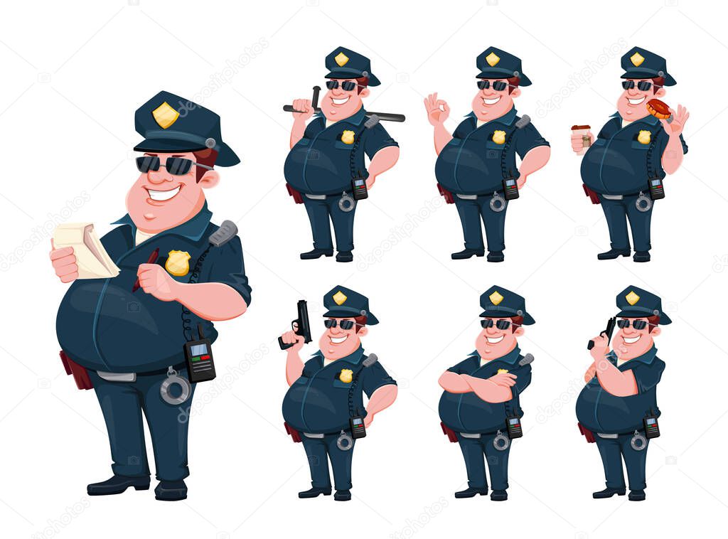 Police officer, set of seven poses. Cheerful cartoon character policeman. Vector illustration on white background