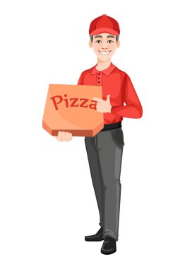 Kurye kutusunda pizza var. Teslimat hizmeti konsepti. Teslimatçı çizgi film karakteri. Vektör illüstrasyonu beyaz arkaplanda izole edildi