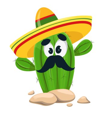 Cinco De Mayo. Sombrero 'daki komik kaktüs. Kaktüs bıyıklı, çizgi film karakteri. Vektör illüstrasyonu