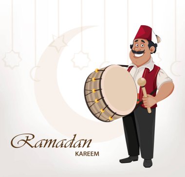 Ramazan Kareem tebrik kartı. Ramazan davulcusu. Davullu neşeli çizgi film karakteri. Kutsal ay için vektör illüstrasyonu