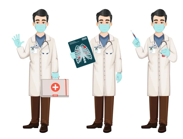 Doutor Trabalhando Hospital Durante Surto Coronavírus Covid Conjunto Três Poses — Vetor de Stock