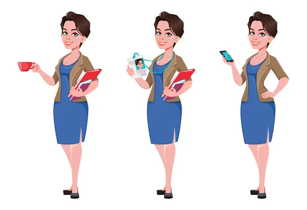 Wanita Bisnis Muda Yang Ceria Dengan Tiga Pose Karakter Kartun - Stok Vektor