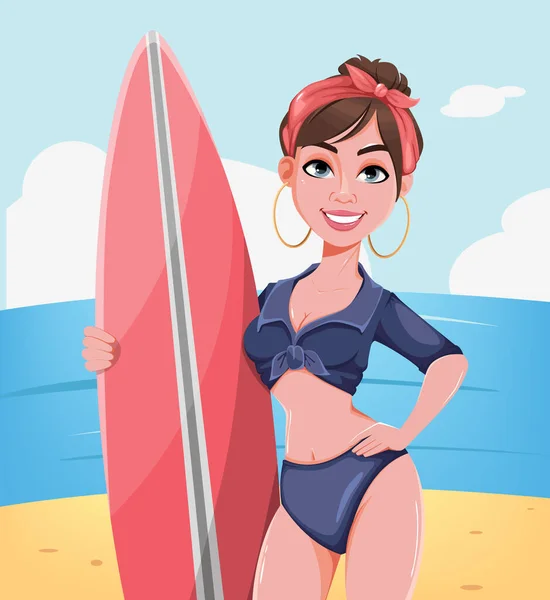 Menina Bonita Nova Com Uma Prancha Surf Praia Areia Personagem —  Vetores de Stock