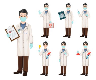 Coronavirus salgını sırasında hastanede çalışan doktor Covid-19, yedi poz verdi. Tıp doktoru çizgi film karakteri. Vektör illüstrasyonu
