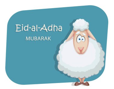 Kurban Bayramı mübarek olsun. Geleneksel Müslüman bayramı. Bir koç kurban etmek. Kurban Bayrami. Komik çizgi film koçu. Vektör illüstrasyonu