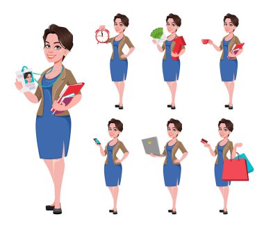 Yedi pozlu neşeli genç bir iş kadını. Şirin iş kadını çizgi film karakteri. Vektör illüstrasyonu
