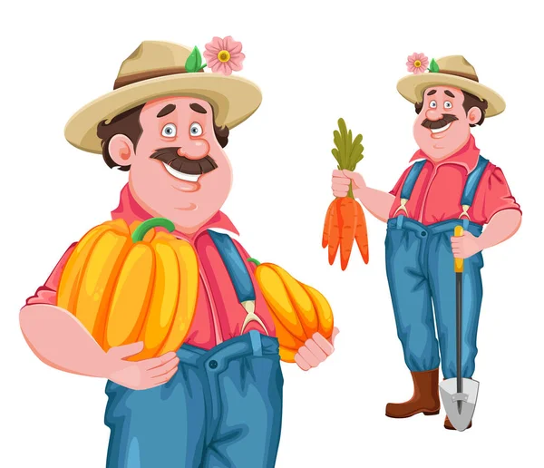 Farmer Cartoon Character Cheerful Farmer Set Two Poses Stock Vector — Stock Vector