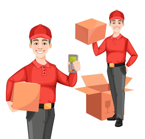 Courier Conjunto Dos Poses Servicio Entrega Concepto Entrega Hombre Dibujos — Vector de stock