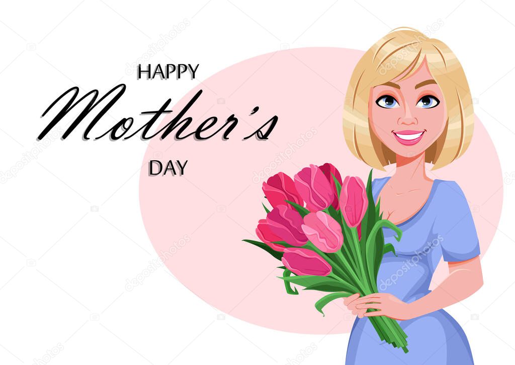 Happy Mother's day greeting card. Beautiful woman with a bouquet of tulips. Cheerful lady cartoon character. Vector illustration