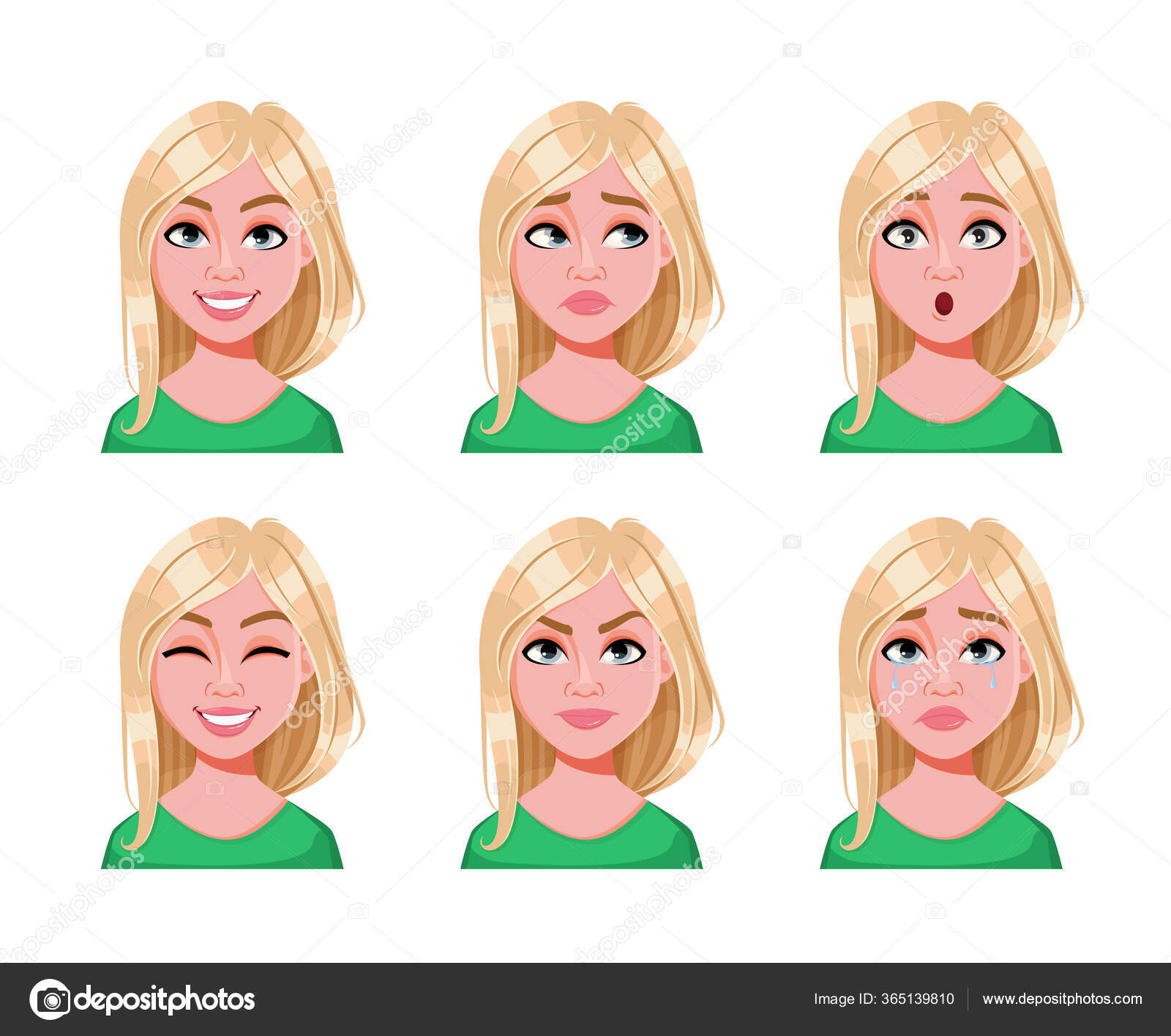 Face Expressions Cute Blonde Woman Different Female Emotions Set Six Stock  Vector Image by ©VectorKIF #365139810