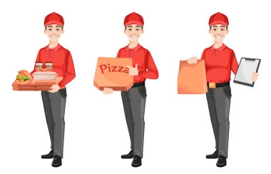 Kurye, üç poz ver. Teslimat hizmeti konsepti. Teslimatçı çizgi film karakteri. Vektör illüstrasyonu beyaz arkaplanda izole edildi