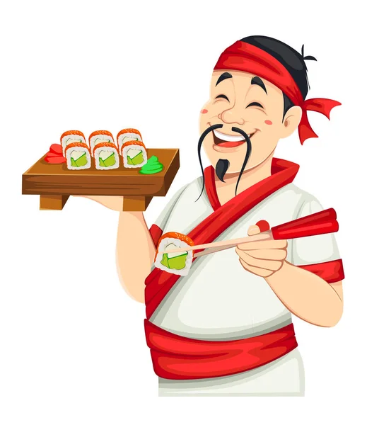 Asian Chef Holding Sushi Handsome Japanese Cook Cartoon Character Vector — Stock Vector