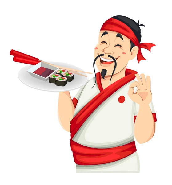 Asijský Šéfkuchař Drží Talíř Sushi Sójovou Omáčkou Hůlkami Pohledný Japonský — Stockový vektor