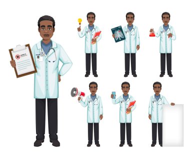 Coronavirus salgını sırasında hastanede çalışan Afrikalı Amerikalı doktor Covid-19. Yakışıklı doktor çizgi film karakteri, yedi pozlu. Vektör illüstrasyonu