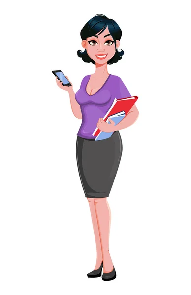 Jovem Mulher Negócios Bonita Segurando Smartphone Documentos Bonito Personagem Desenho —  Vetores de Stock