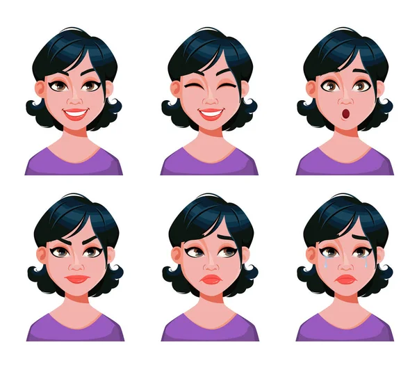 Expresiones Faciales Mujer Con Corte Pelo Elegante Diferentes Emociones Femeninas — Archivo Imágenes Vectoriales