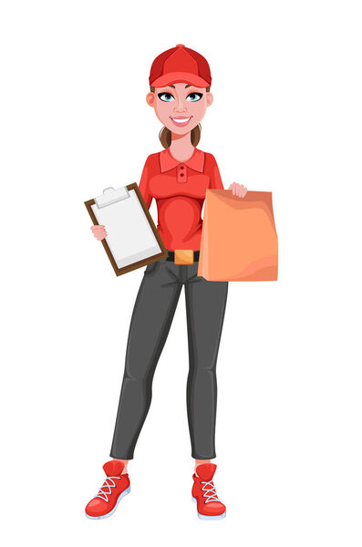 Courier woman. Delivery service concept. Beautiful delivery woman cartoon character. Vector illustration isolated on white background