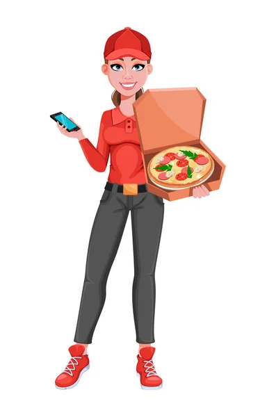 Kurir Wanita Dengan Pizza Lezat Konsep Pelayanan Pengiriman Karakter Kartun - Stok Vektor