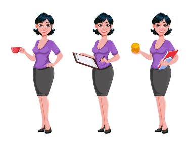 Üç pozdan oluşan genç ve güzel bir iş kadını. Şık saç kesimi olan sevimli iş kadını çizgi film karakteri. Beyaz arkaplanda vektör illüstrasyonu