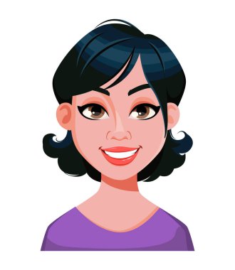 Şık saç kesimli, neşeli bir kadının yüz ifadesi. Kadınsal duygular. Sevimli çizgi film karakteri. Vektör illüstrasyonu beyaz arkaplanda izole edildi.