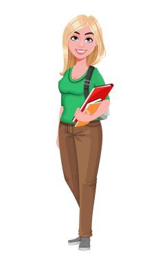 Genç mutlu öğrenci kız. Neşeli genç kız öğrenci çizgi film karakteri. Vektör illüstrasyonu