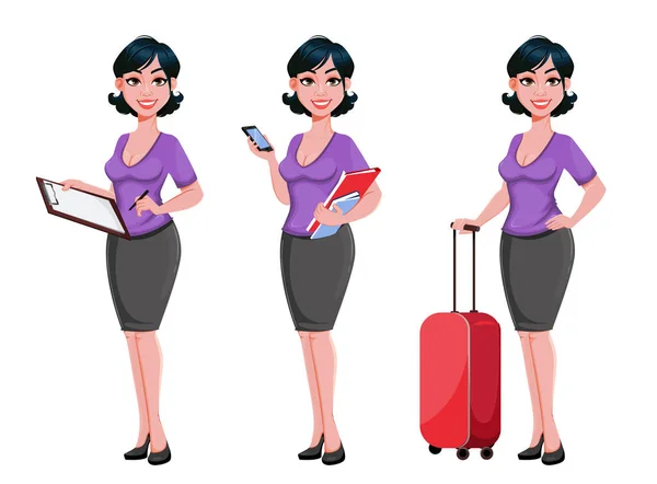 Young Beautiful Business Woman Set Three Poses Cute Businesswoman Cartoon — Stock Vector