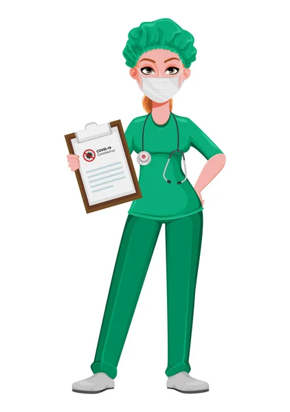 Mooie Vrouwelijke Dokter Met Klembord Vrouwelijke Arts Verpleegkundige Cartoon Karakter — Stockvector