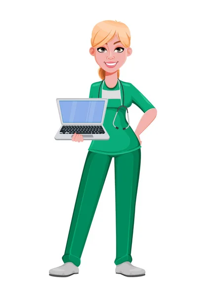 Mulher Bonita Médico Segurando Laptop Médica Enfermeira Personagem Cartoon Trabalhando —  Vetores de Stock