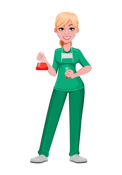 Schöne Ärztin Mit Laborkolben Ärztin Oder Krankenschwester Zeichentrickfigur Die Krankenhaus — Stockvektor