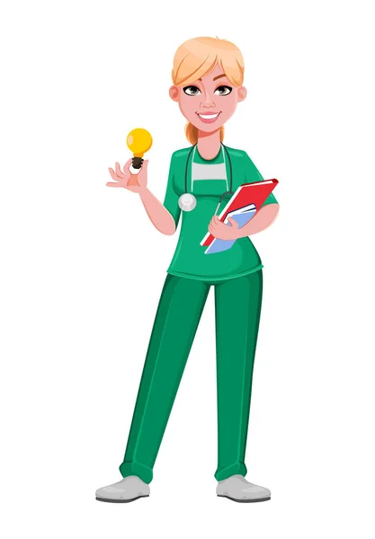 美丽的女医生有一个好主意 在医院工作的女医生或护士卡通人物 矢量说明 — 图库矢量图片