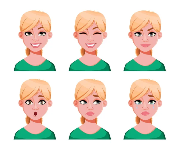 Gesichtsausdruck Der Niedlichen Blonden Ärztin Verschiedene Weibliche Emotionen Sechs Posen — Stockvektor